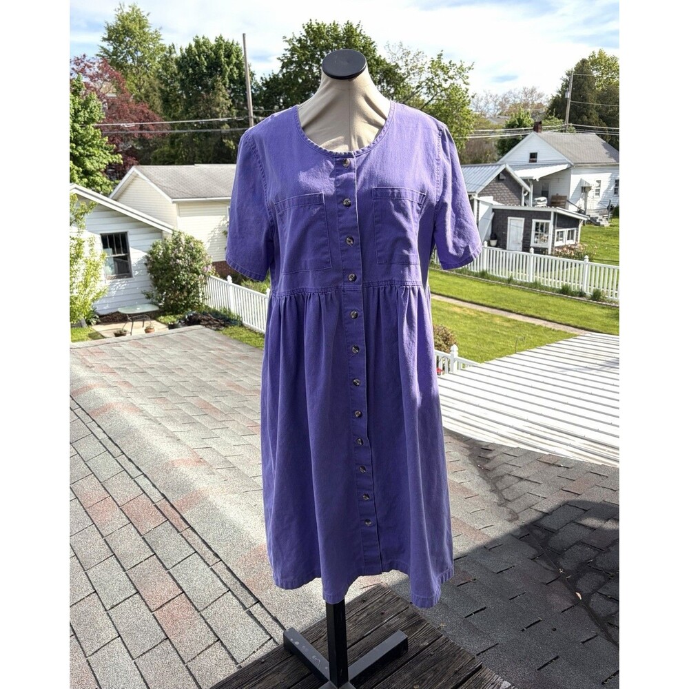 Vintage 90s Sunbelt Purple Denim Short Sleeve Button Up Midi Shirt Dress Sz L